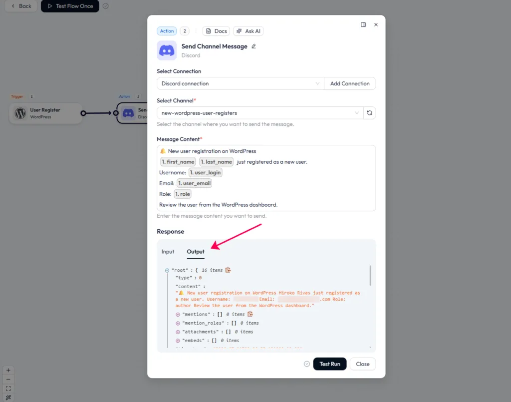 Bit Flows Discord Send Channel Message action displaying a successful Test Run output response containing the mapped user registration details.