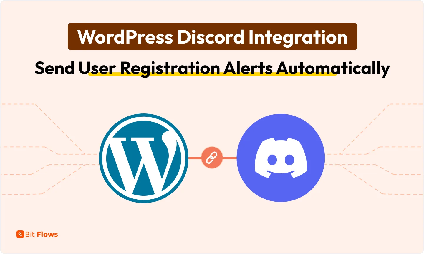 Graphic banner image for WordPress Discord Integration Send User Registration Alerts Automatically blog. The WordPress logo and the purple Discord logo are positioned side by side, connected by an orange line with a link icon in the center. The Bit Flows logo is visible in the bottom-left corner against a light peach background.