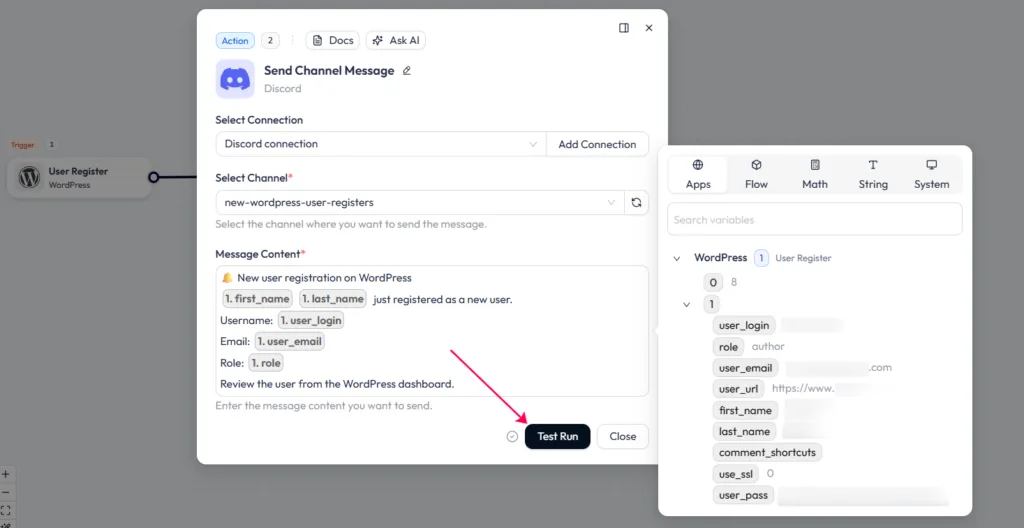 Bit Flows Discord action configuration mapping WordPress dynamic fields, such as first name, last name, username, email, and role, into the Message Content text box.