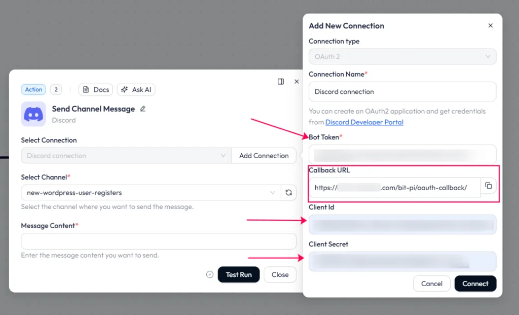 Bit Flows Add New Connection panel for Discord, showing input fields for the Bot Token, Callback URL, Client ID, and Client Secret.