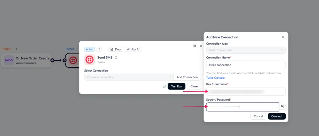 Bit Flows "Add New Connection" popup for Twilio, showing the input fields where the Account SID and Auth Token are pasted.