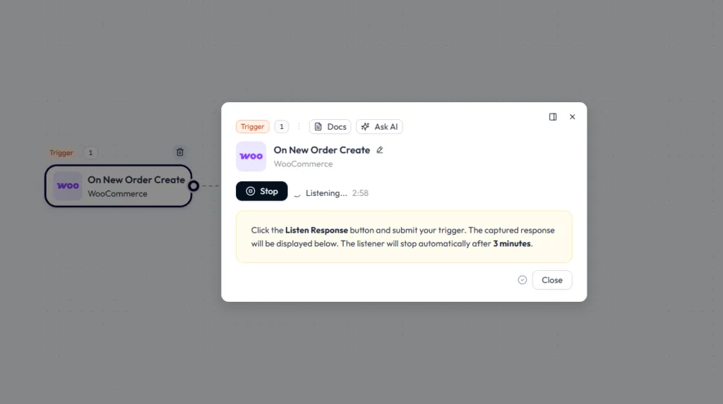 Screenshot showing the Bit Flows trigger listener actively waiting for a WooCommerce event, displaying a three-minute countdown timer.