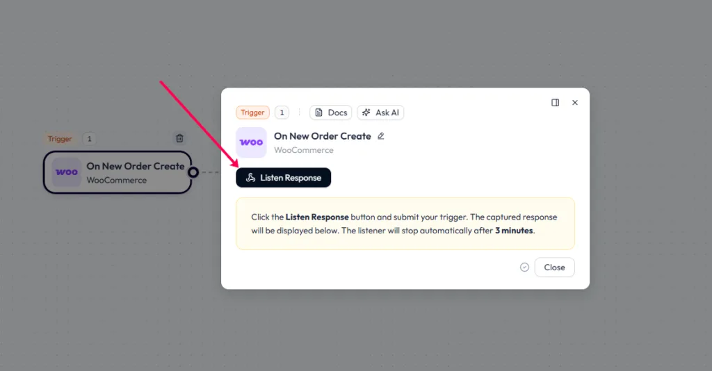 Bit Flows trigger configuration for WooCommerce, highlighting the "Listen Response" button used to capture new order data.