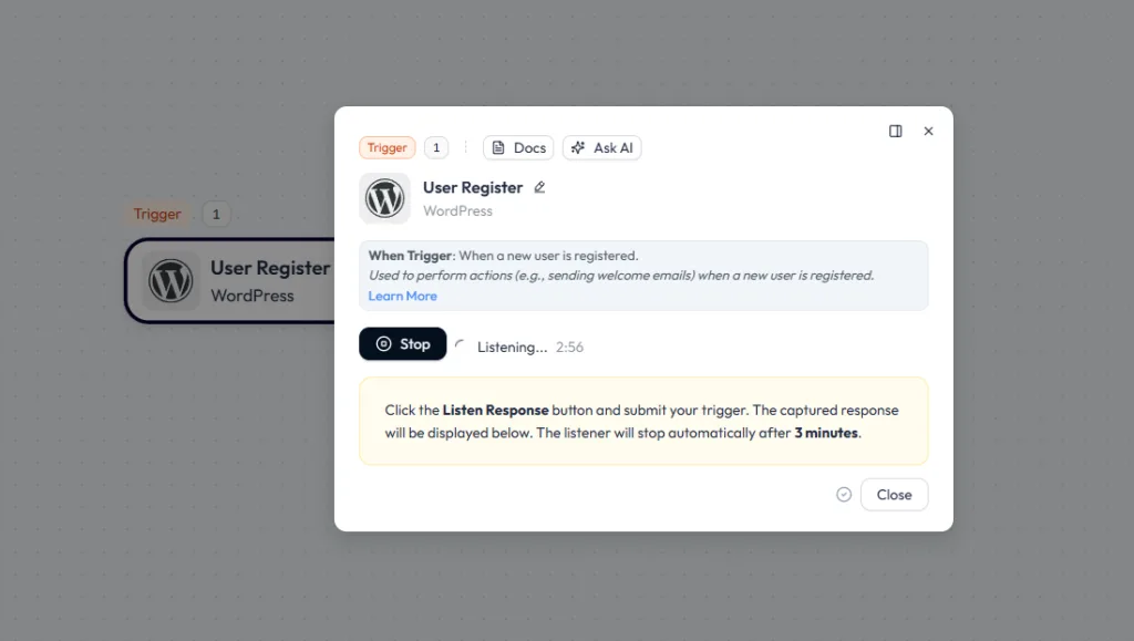 Bit Flows WordPress User Register trigger configuration, showing the Listen Response button and a countdown timer waiting for a new user registration event.