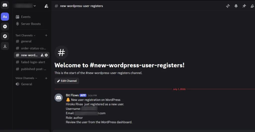 Screenshot of a Discord channel named #new-wordpress-user-registers showing an automated alert message from the Bit Flows app with the new user's name, username, email, and role.