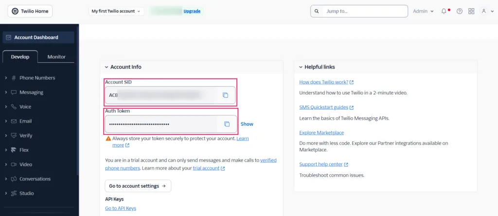 Screenshot of the Twilio Console dashboard's Account Info section, highlighting the Account SID and Auth Token required for the API connection.