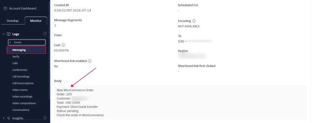 Screenshot of the Twilio Monitor logs verifying successful message delivery, displaying the final formatted text message body containing the WooCommerce order details.