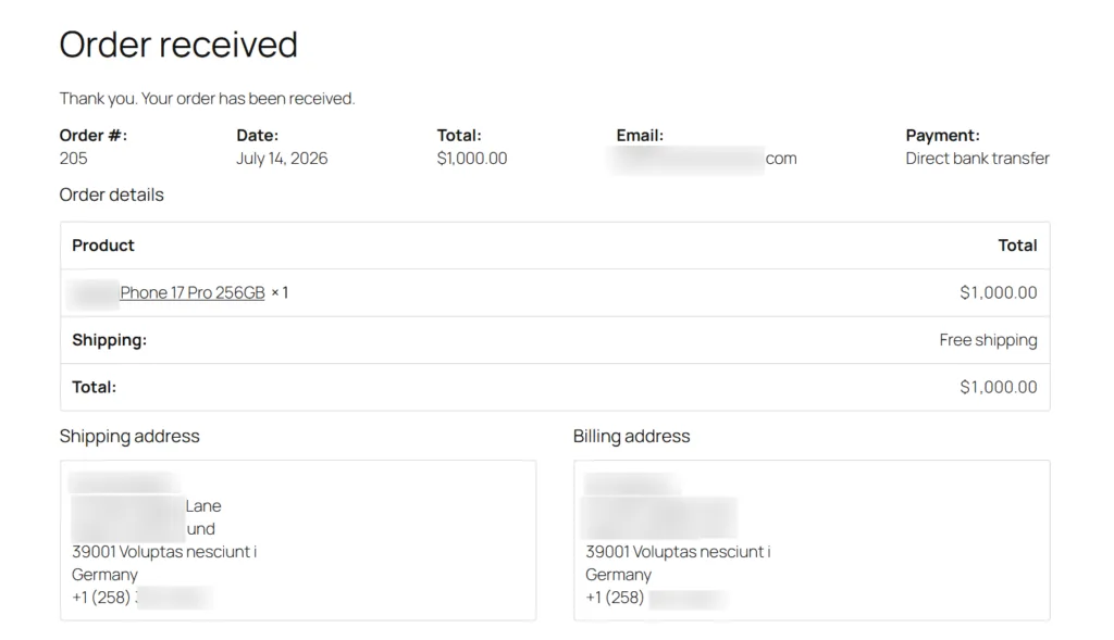 WooCommerce front-end "Order received" page showing a test purchase for a phone, paid via direct bank transfer, to trigger the SMS alert workflow.