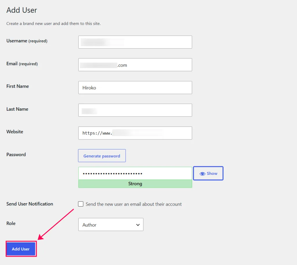 WordPress Add User screen being filled out with sample test data, including username, email, first name, last name, and role, to trigger the Bit Flows automation.