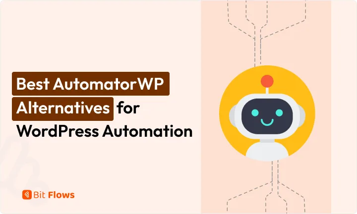 Best AutomatorWP alternatives for WordPress automation with the Bit Flows logo and an automation robot illustration.