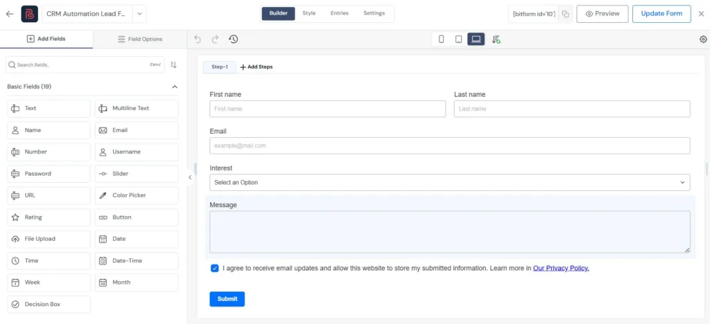Bit Form lead form builder with first name, last name, email, interest, message, and consent fields for WordPress lead capture