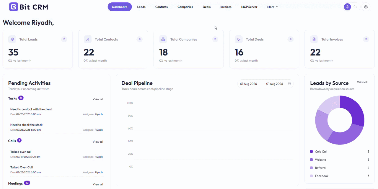 Bit CRM tasks, calls, meetings, and activity timeline