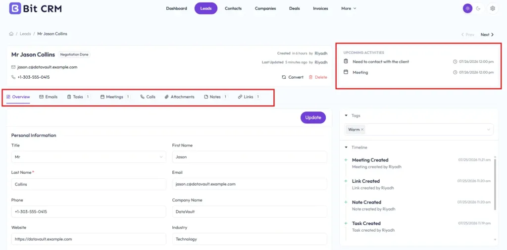 Bit CRM lead record with activities and sales details