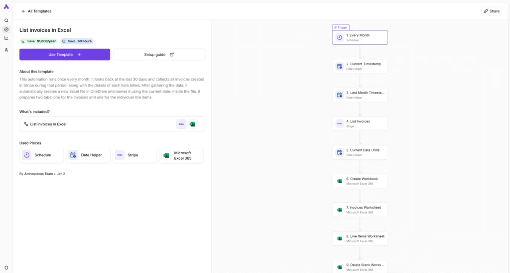 Activepieces open-source flow builder showing a visual automation with connected pieces, branches, and code steps.