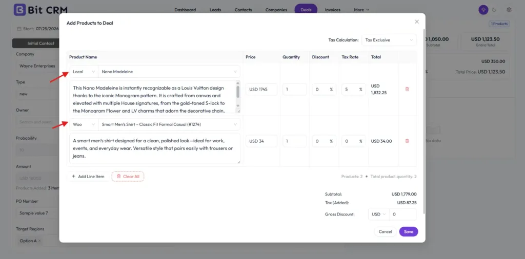 Bit CRM deal product breakdown with price, discount, and tax