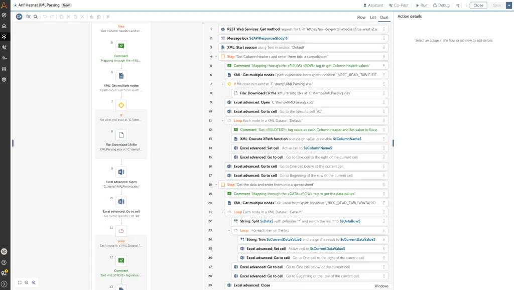 Automation Anywhere bot builder (Automation 360) showing an XML-parsing bot with a REST web service, XML nodes, Excel advanced actions, and loops in dual flow/list view.