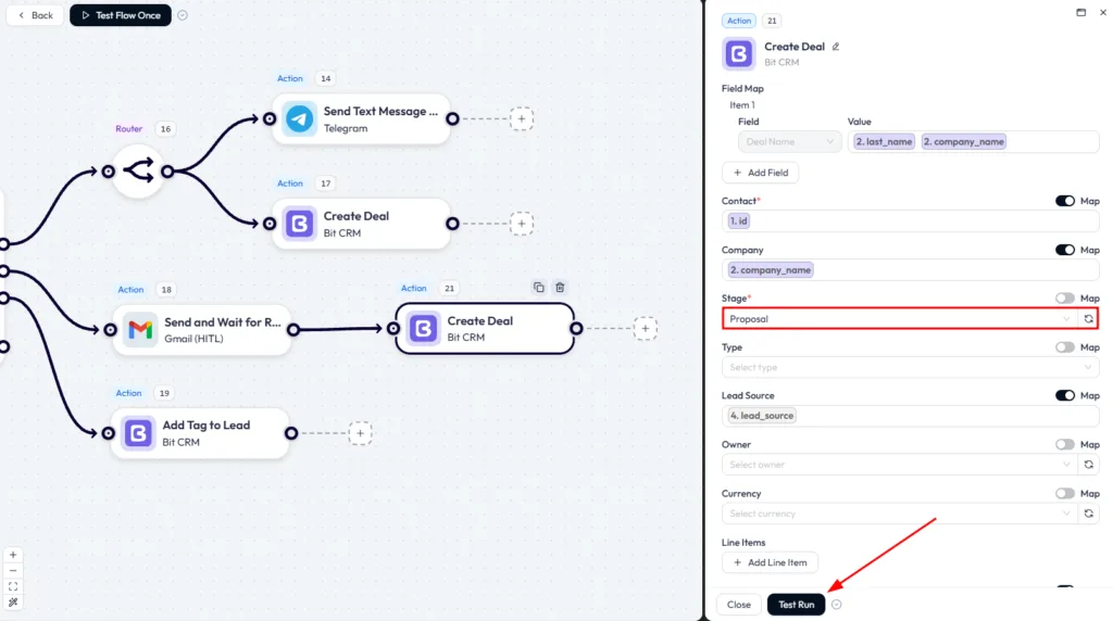 Bit CRM Create Deal action in Bit Flows showing mapped Deal Name, Contact, Company, Stage, and Lead Source fields