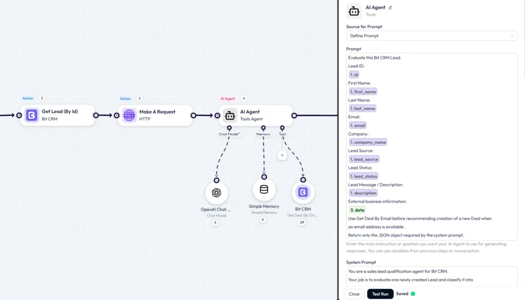 Bit Flows AI Agent with OpenAI Chat Model, Simple Memory, and Bit CRM Get Deal By Email tool