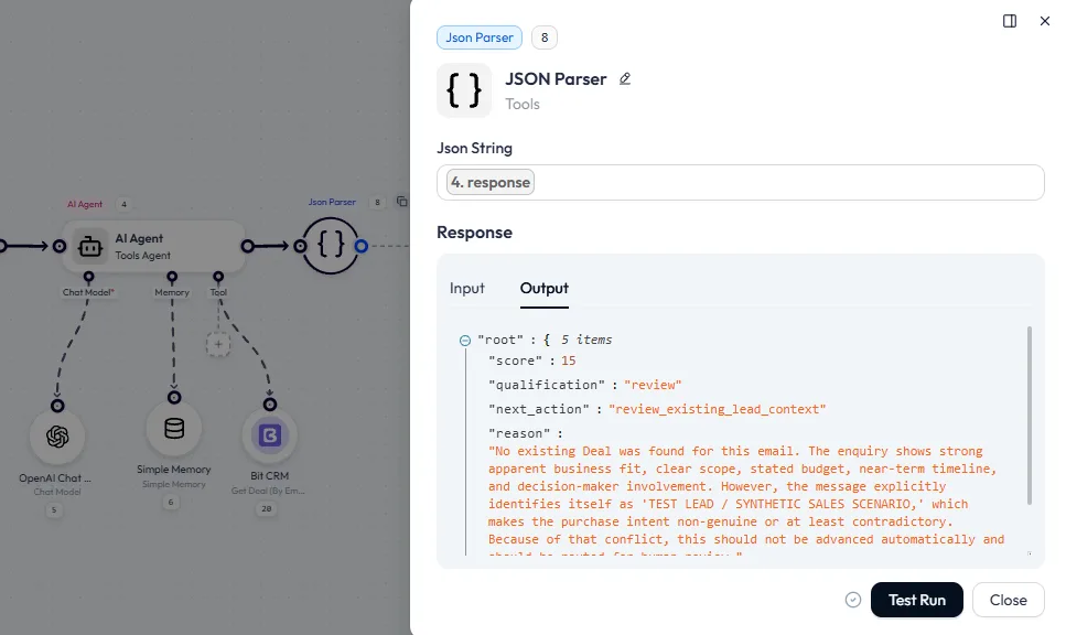 Bit Flows JSON Parser output showing score, qualification, next_action, and reason from the AI Agent
