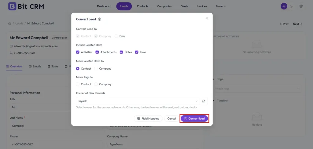 Converting a lead into a contact, company, and deal in Bit CRM
