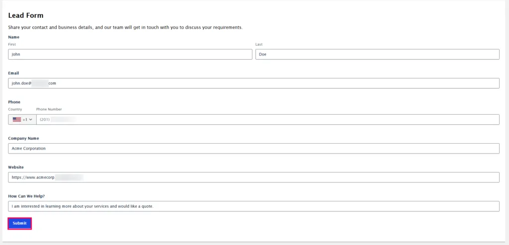 Completed Gravity Forms lead form filled with test data for John Doe at Acme Corporation