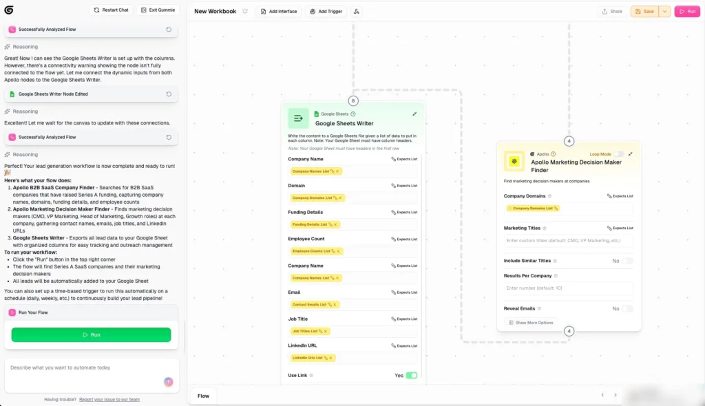 Gumloop AI workflow builder showing an Apollo lead-generation flow feeding company and contact data into a Google Sheets Writer node.
