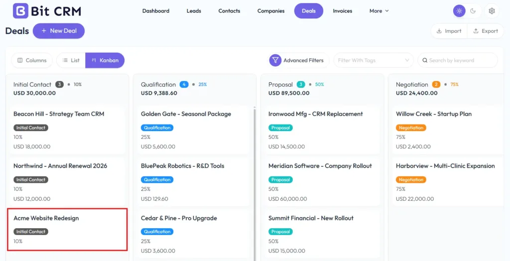 Bit CRM visual sales pipeline and deal stages