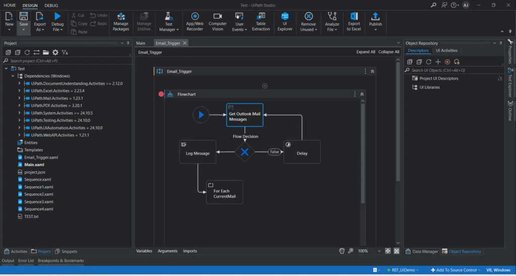 UiPath Studio desktop RPA project with an Email_Trigger flowchart: Get Outlook Mail Messages, a flow decision, Log Message, Delay, and a For Each loop.
