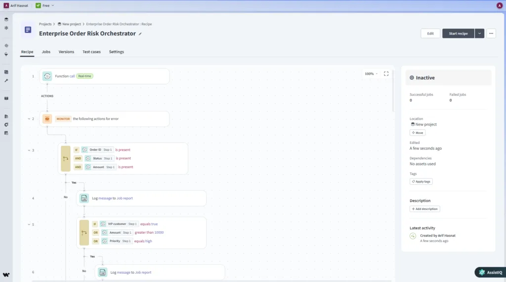 Workato recipe builder showing an Enterprise Order Risk Orchestrator recipe with a real-time function-call trigger and nested IF/AND conditions for order-risk checks.