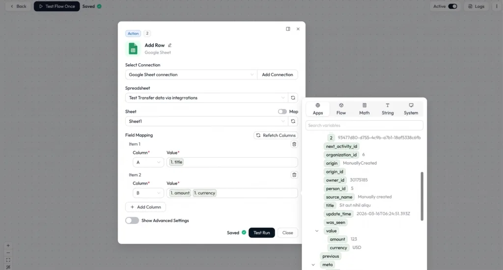 Pipedrive to Google Sheets field mapping in Bit Flows with title in column A and amount and currency in column B