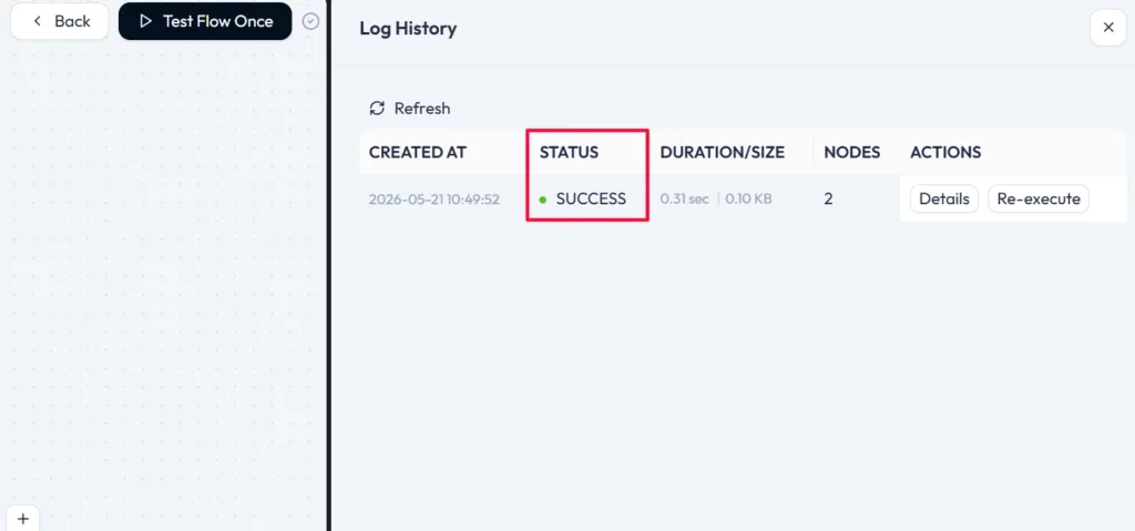 Bit Flows log history showing a successful Pipedrive to Google Sheets run with a Success status