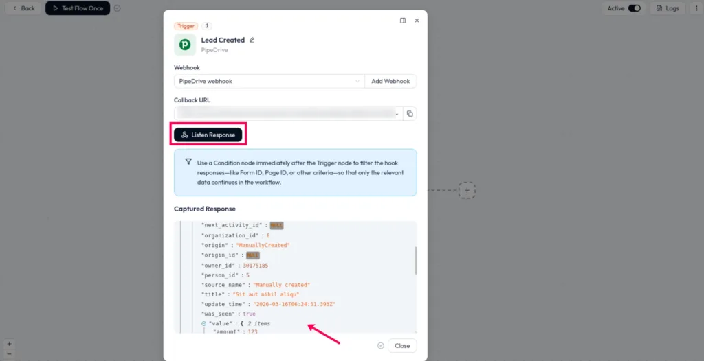 Bit Flows Pipedrive Lead Created trigger showing the Listen Response button and the captured lead payload