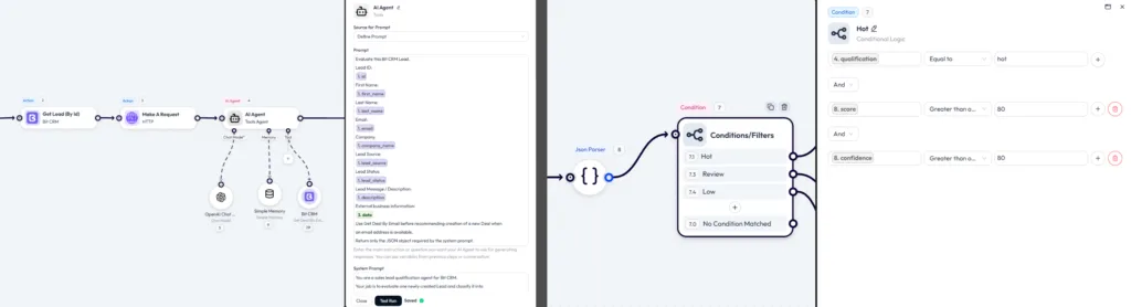 Router conditions branching on an AI agent lead score threshold