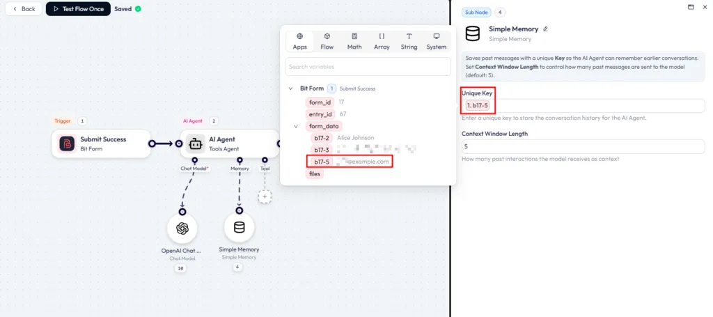how to configure the Simple Memory sub-node for an AI Agent. Red boxes highlight selecting an email variable from a Form submission and mapping it to the Unique Key field to store user-specific conversation history.