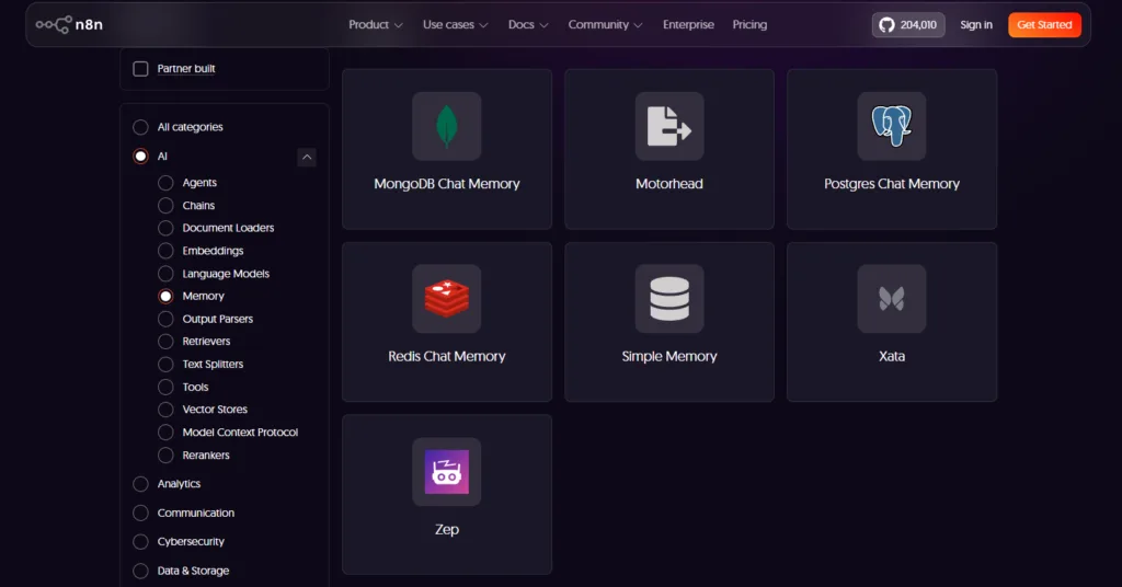n8n integrations directory displaying various AI chat memory options, including MongoDB, Redis, Postgres, and Simple Memory.