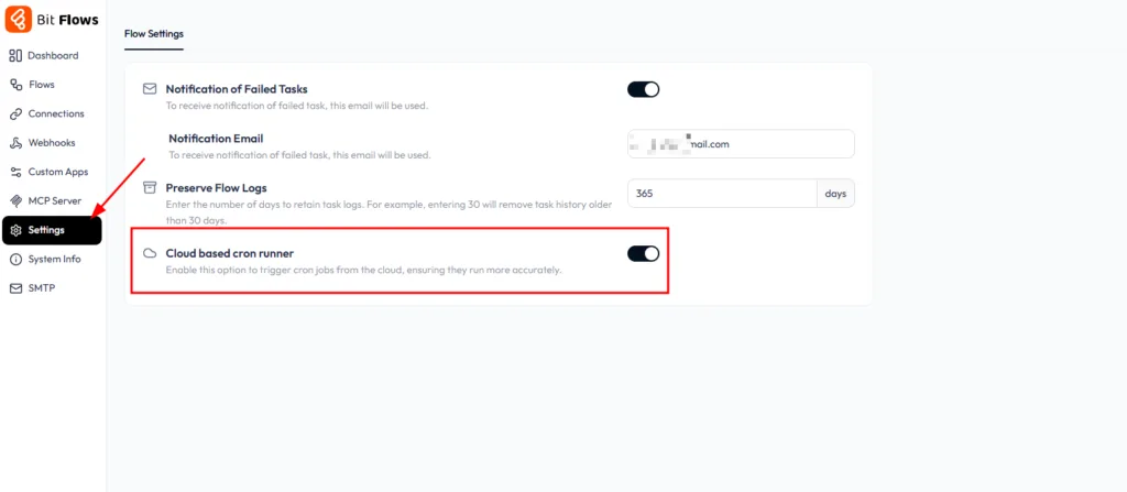 Cloud-based cron runner toggle in Bit Flows settings, used to make delayed WordPress LMS automation run on time