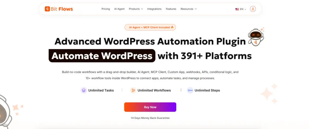 Bit Flows WordPress automation workflow builder showing self-hosted no-code workflows as OttoKit alternatives