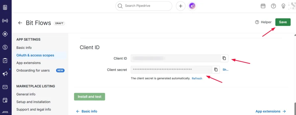Pipedrive Developer Hub OAuth and access scopes page showing the Client ID and Client secret fields