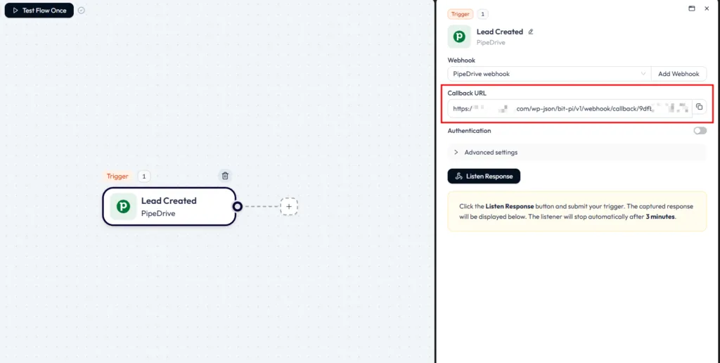 Interface highlighting the Callback URL field for a PipeDrive Lead Created webhook trigger configuration